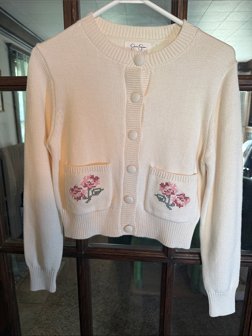Jessica Simpson Ivory Floral Cross Stitch Embroidered Cardigan Sweater S Dainty